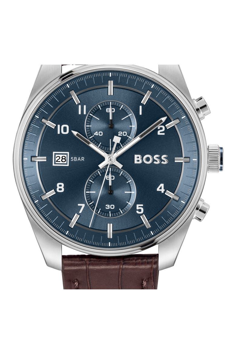 Skytraveller Chronograph Croc Embossed Leather Strap Watch, 44mm, Alternate, color, BLUE
