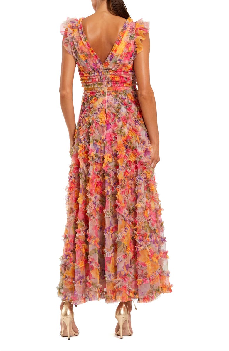 Mac Duggal Women's Printed Floral Mesh Ruffle V Neck Maxi Dress, Alternate, color, Multi