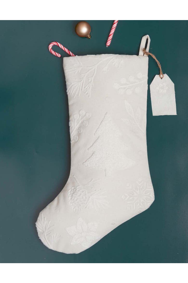 Yuletide Botanical Pine Forest Tagged Tufted Christmas Stocking, Main, color, White