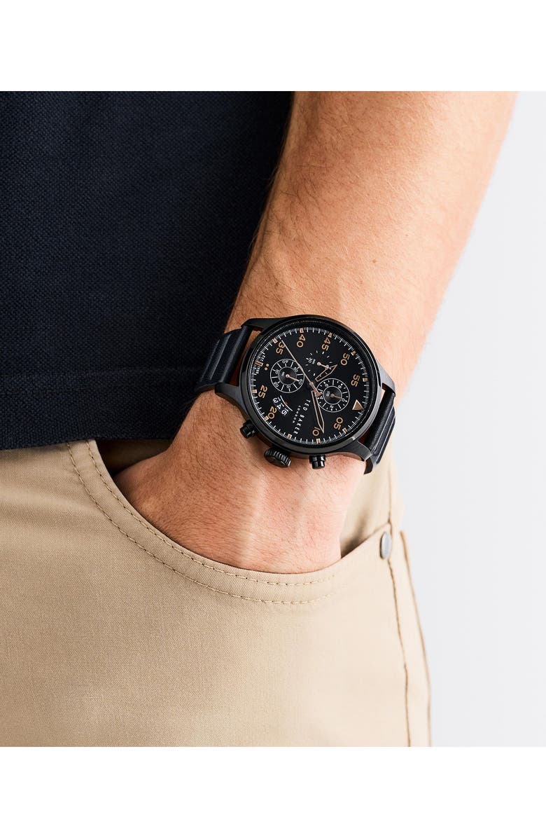 Ted Baker Fulmaar Chronograph Leather Strap Watch, 44mm, Alternate, color, Black