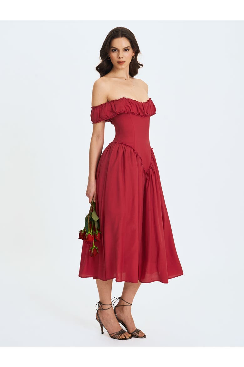 Xavy Drop Waist Off-Shoulder Corset Midi Dress, Alternate, color, Crimson
