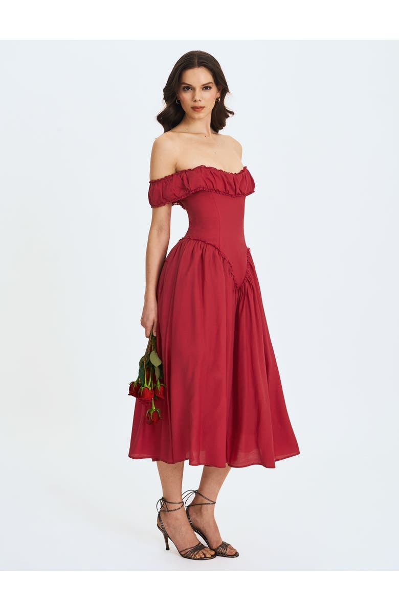 Miss Circle Xavy Drop Waist Off-Shoulder Corset Midi Dress, Alternate, color, Crimson