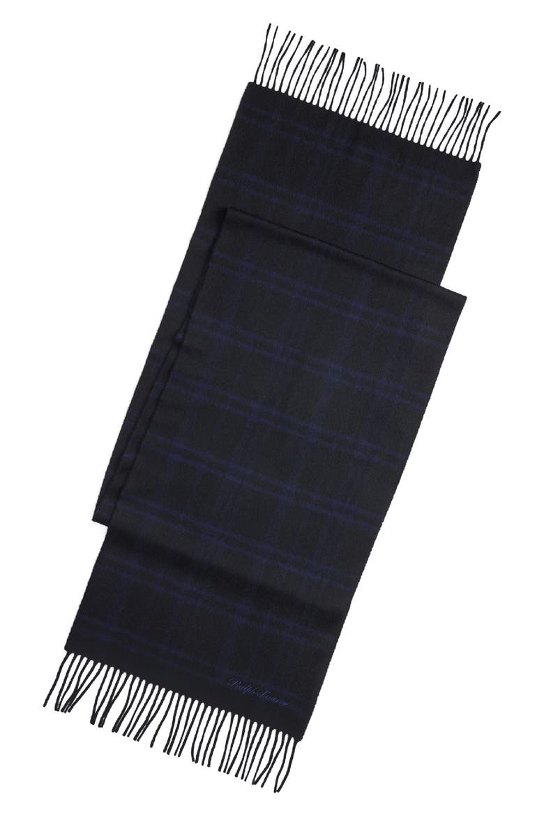 Plaid Cashmere Fringe Scarf, Main, color, NAVY