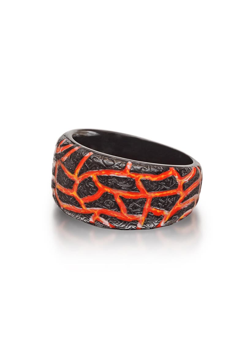 Rivers Of Fire Textured Silver & Enamel Band Men Ring, Alternate, color, Dark Grey