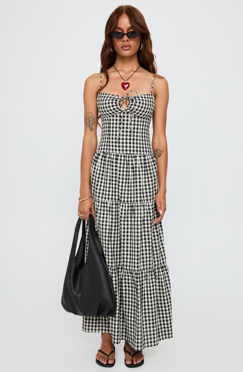 Princess Polly Avaleine Tiered Cotton Gingham Maxi Dress, Alternate, color, Black / White Check