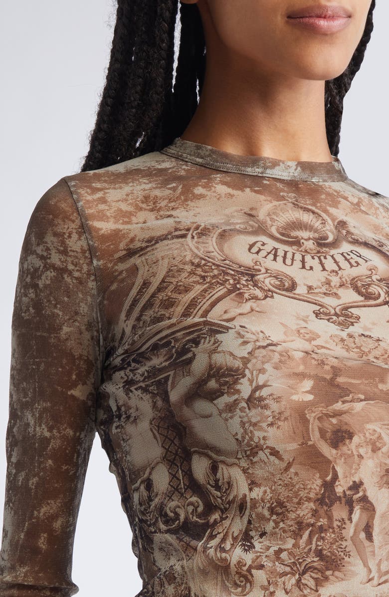 Jean Paul Gaultier Medallion Print Long Sleeve Mesh Top, Alternate, color, Light Beige/ Taupe