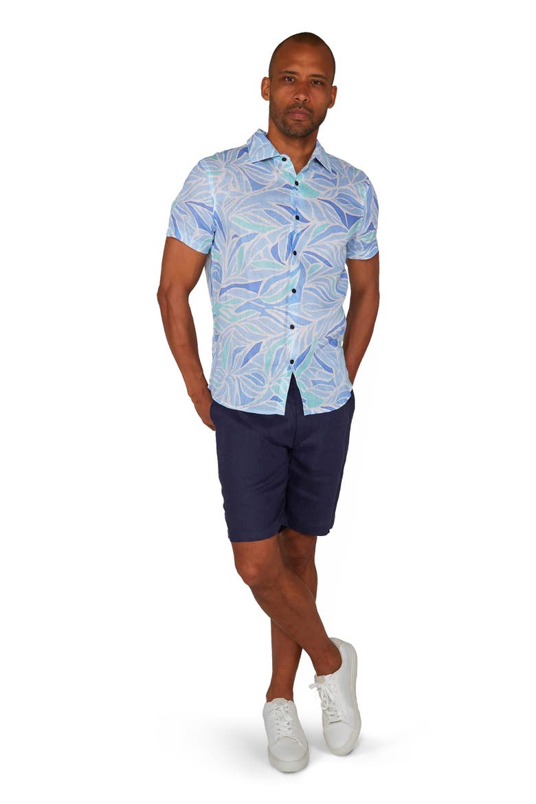 Simple Leaves Short Sleeve Fine Linen Shirt, Alternate, color, SIMPLE LEAVES BLUE