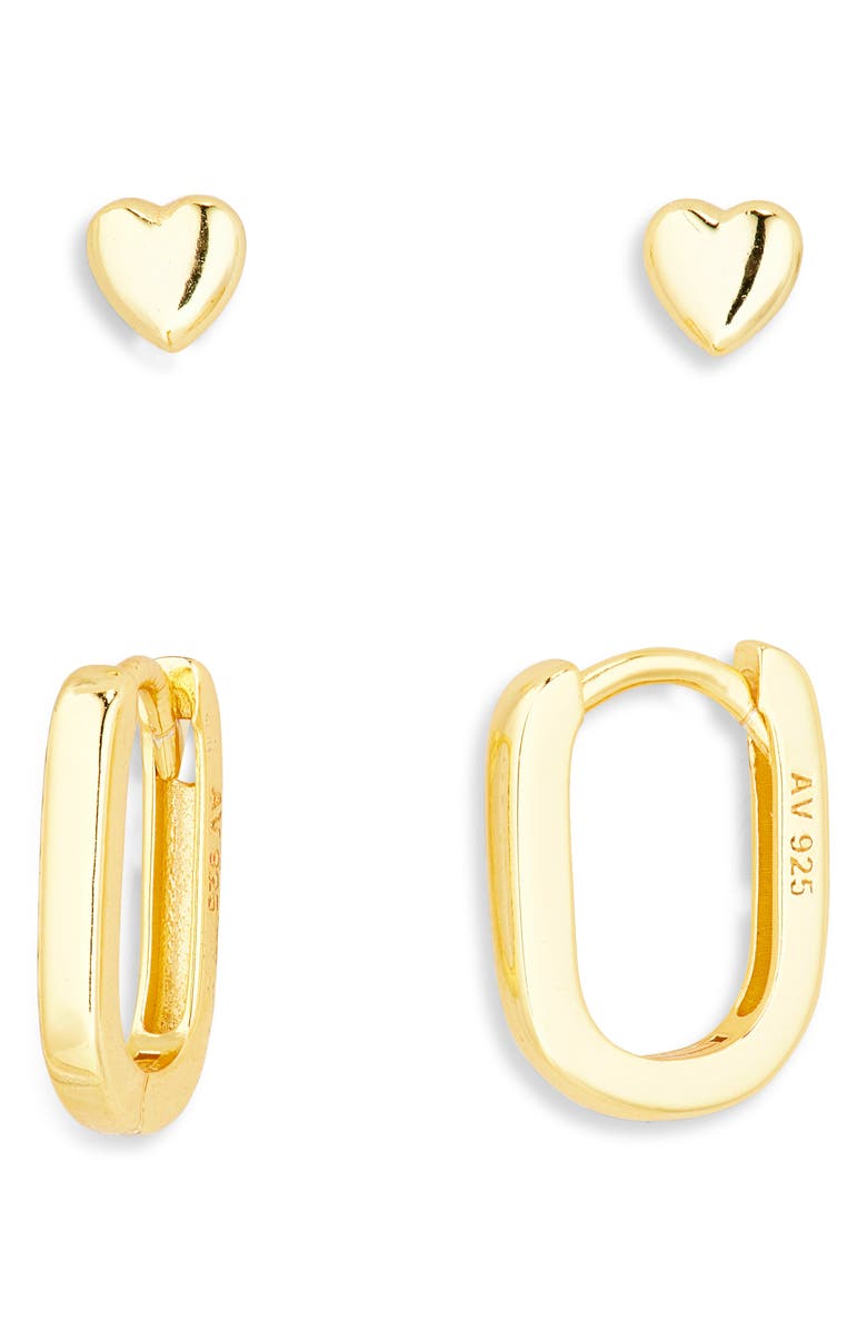 ARGENTO VIVO Set of 2 Heart Studs & Oblong Hoop Earrings, Main, color, Gold