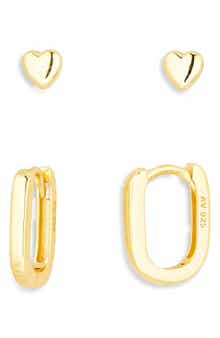 ARGENTO VIVO Set of 2 Heart Studs & Oblong Hoop Earrings