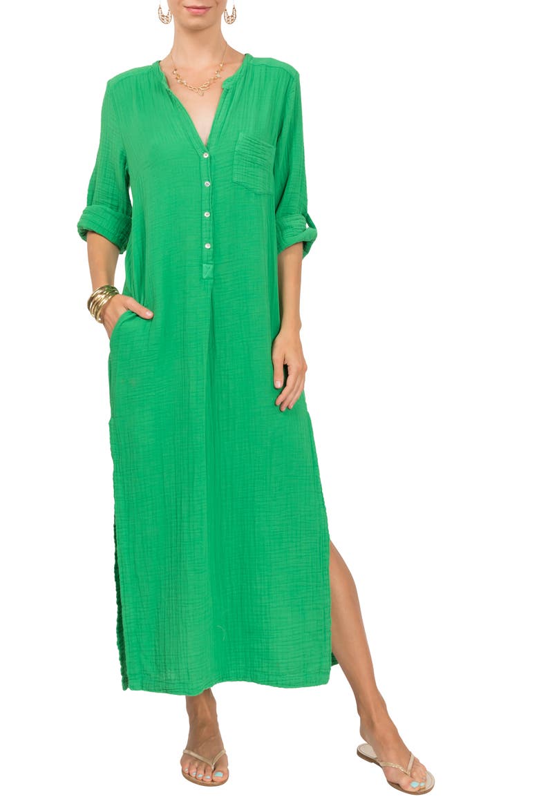 Button Front Cotton Gauze Caftan, Main, color, PARAKEET