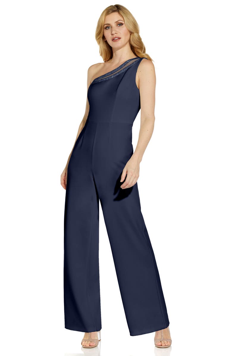 Adrianna Papell Beaded One-Shoulder Crepe Jumpsuit, Alternate, color, 