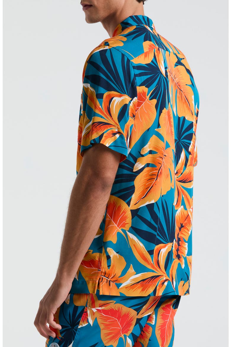 Tropical Leaf Print Viscose Camp Shirt, Alternate, color, MOSAIC BLUE