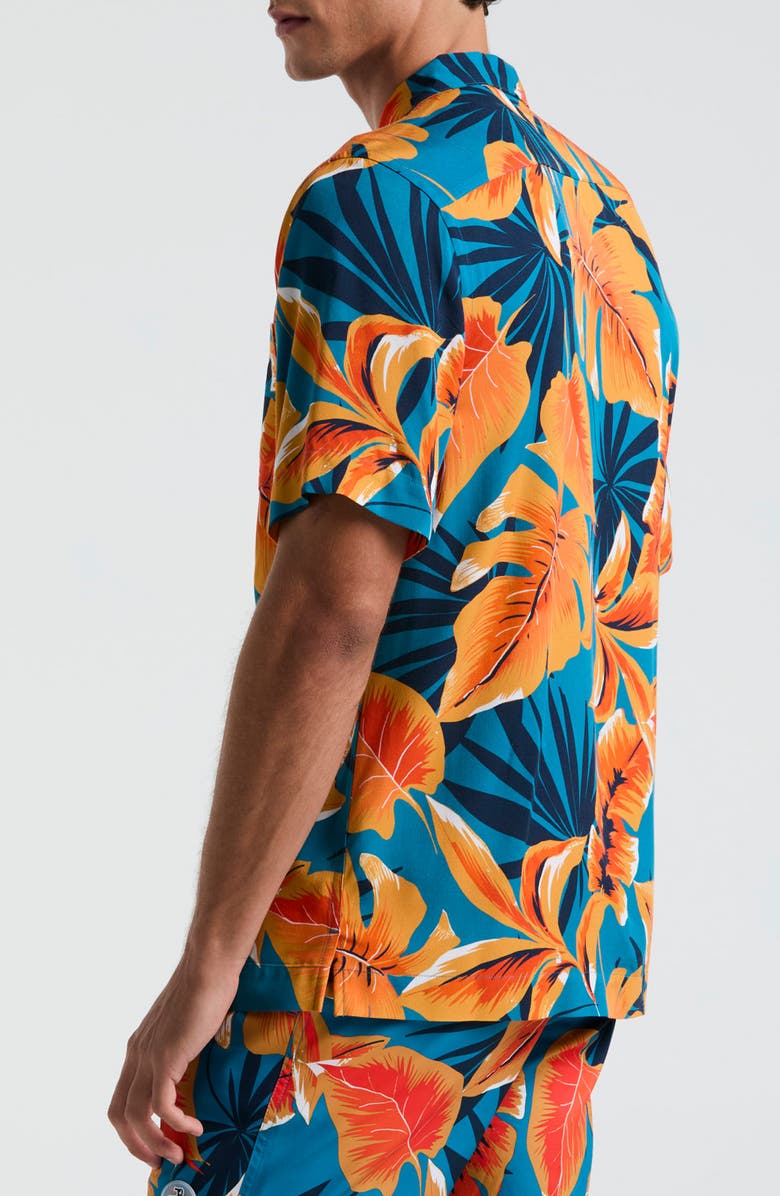Original Penguin Tropical Leaf Print Viscose Camp Shirt, Alternate, color, Mosaic Blue