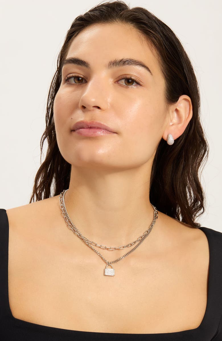 Adornia Pavé Lock Layered Necklace, Alternate, color, Silver