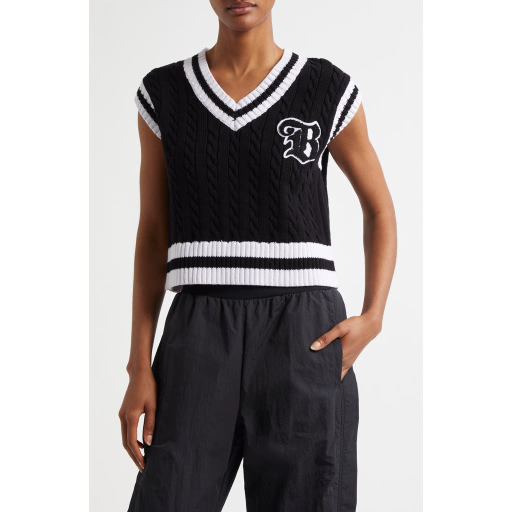 Shop Bella Dona Bella Doña Varsity Cable Knit Sweater Vest In Black And White
