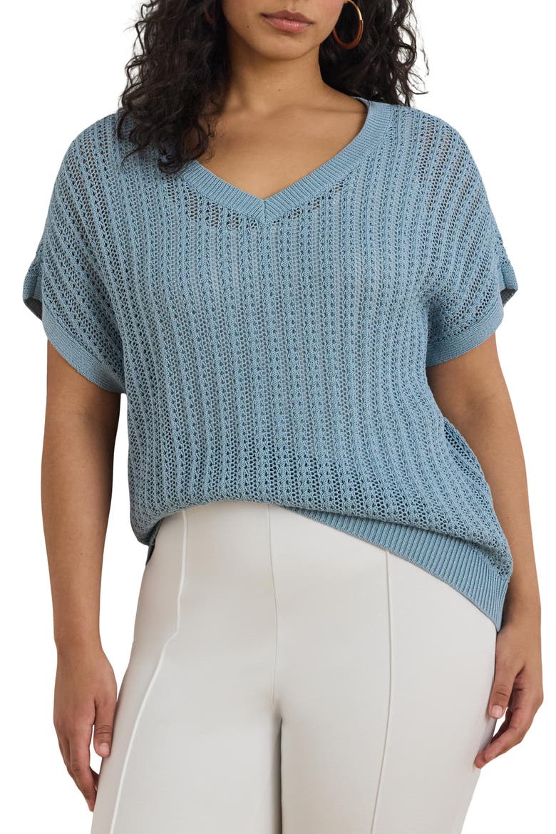 Short Sleeve Sheer Cotton Blend Sweater, Main, color, BLUE NOTE