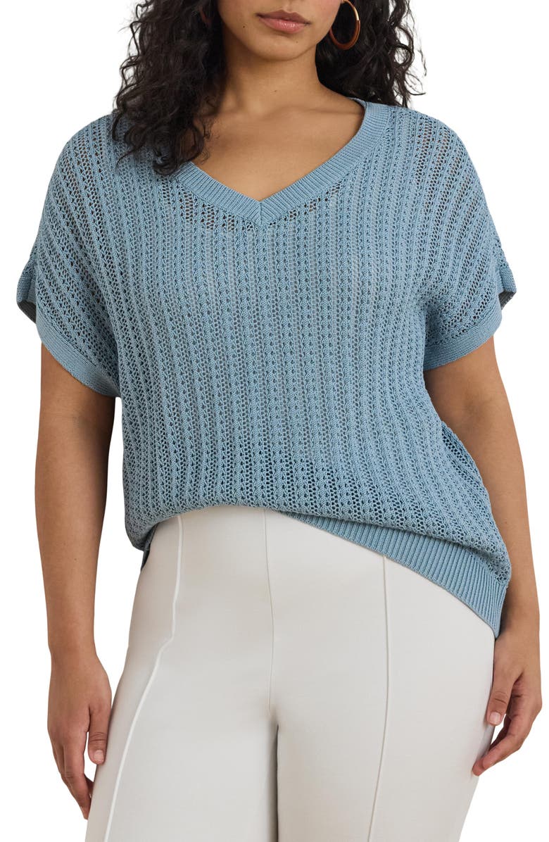 Lauren Ralph Lauren Short Sleeve Sheer Cotton Blend Sweater, Main, color, Blue Note