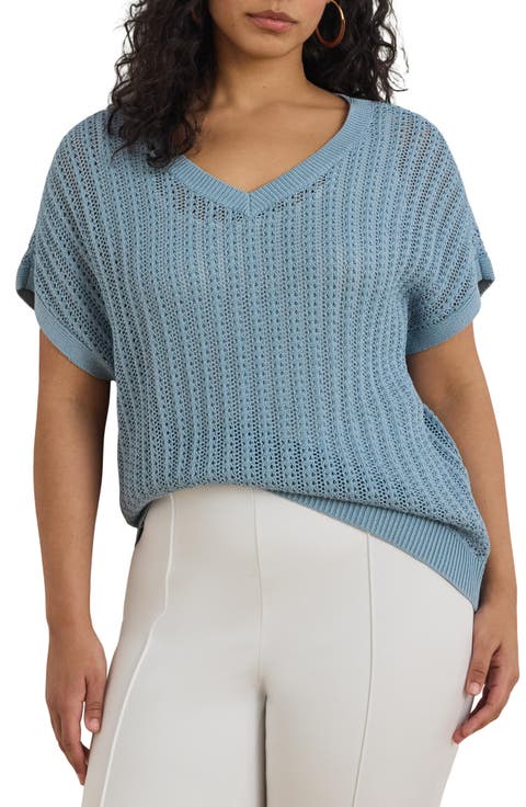 Short Sleeve Sheer Cotton Blend Sweater (Plus)