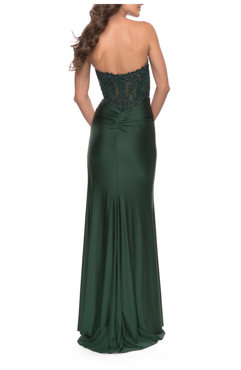 La Femme Long Dress with Jersey Skirt and Lace Illusion Bodice, Alternate, color, Dark Emerald