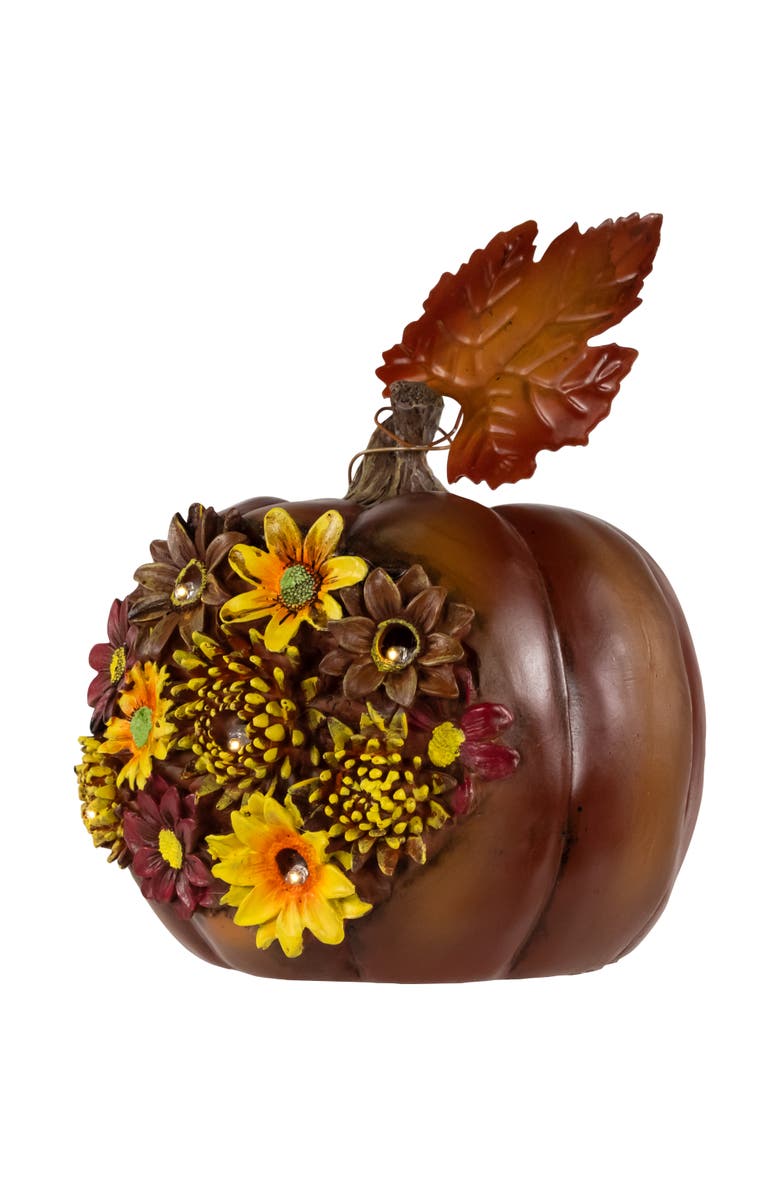 Northlight LED Lighted Solar Powered Floral Fall Harvest Pumpkin Outdoor Decoration - 8", Alternate, color, Brown