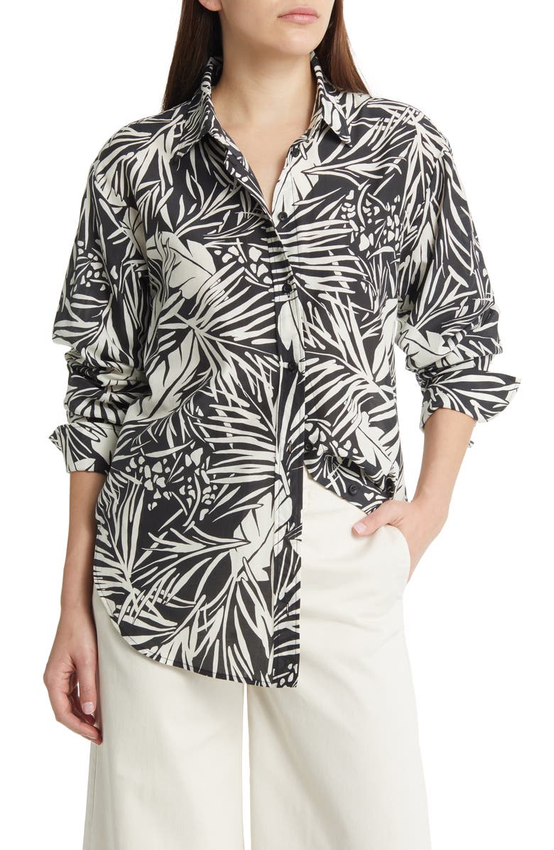 FRAME The Oversize Palm Print Cotton & Silk Button-Up Shirt, Main, color, Noir Multi
