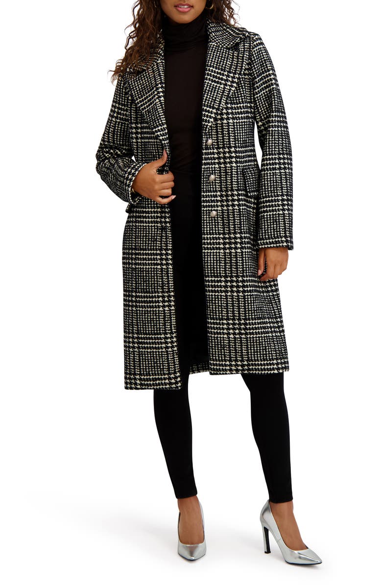Kensie Plaid Trench Coat, Alternate, color, Black/ White
