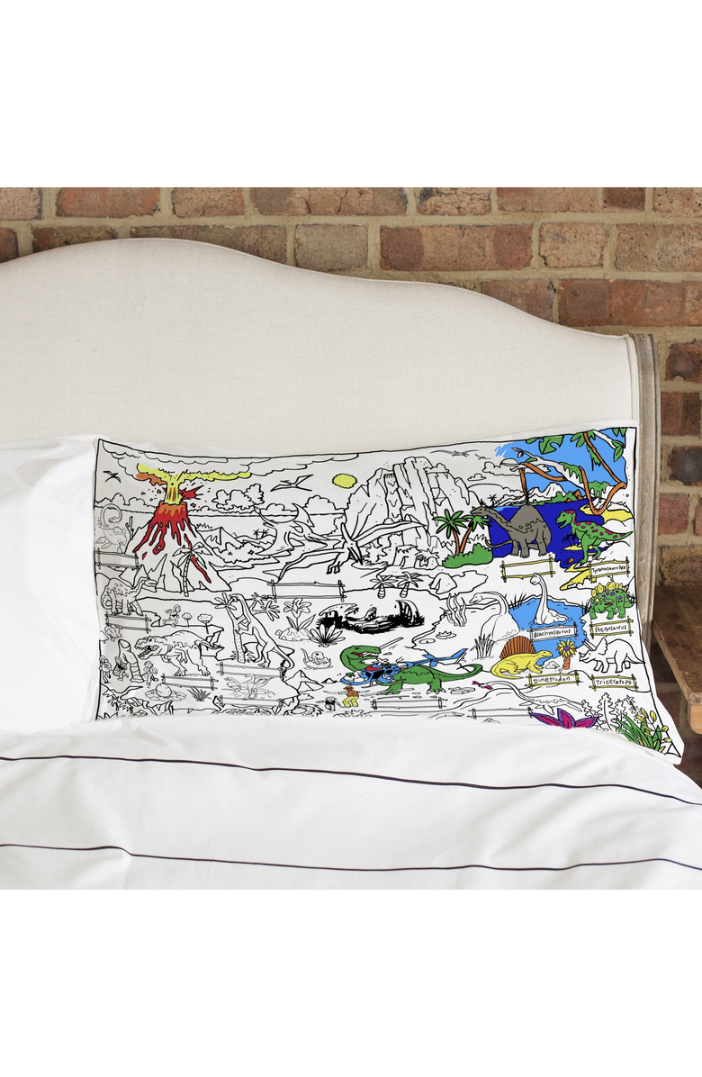 Eat Sleep Doodle Color Your Own Dinosaur Pillowcase, Alternate, color, White