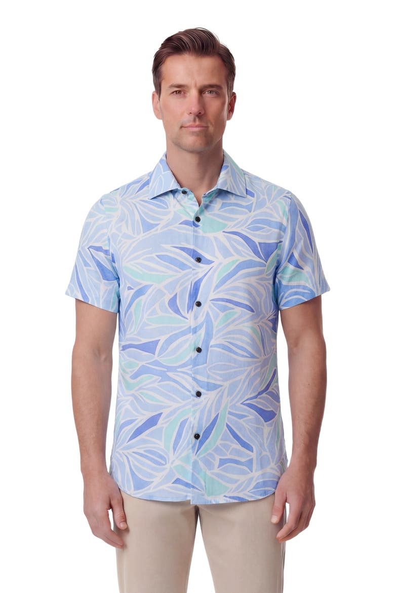 Simple Leaves Short Sleeve Fine Linen Shirt, Main, color, SIMPLE LEAVES BLUE