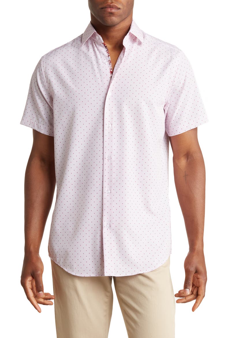 Slim Fit Performance Short Sleeve Button-Up Shirt, Main, color, LIGHT PINK WHITE