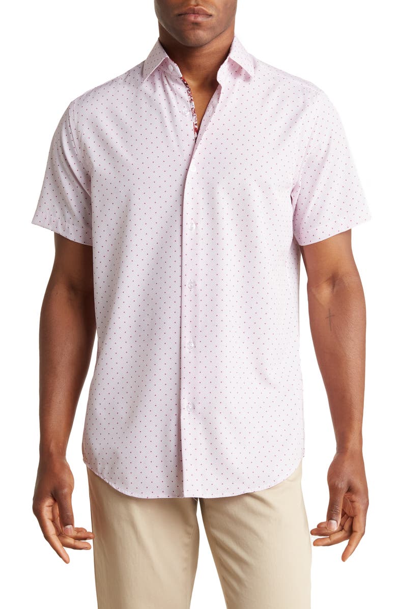 TOM BAINE Slim Fit Performance Short Sleeve Button-Up Shirt, Main, color, Light Pink White