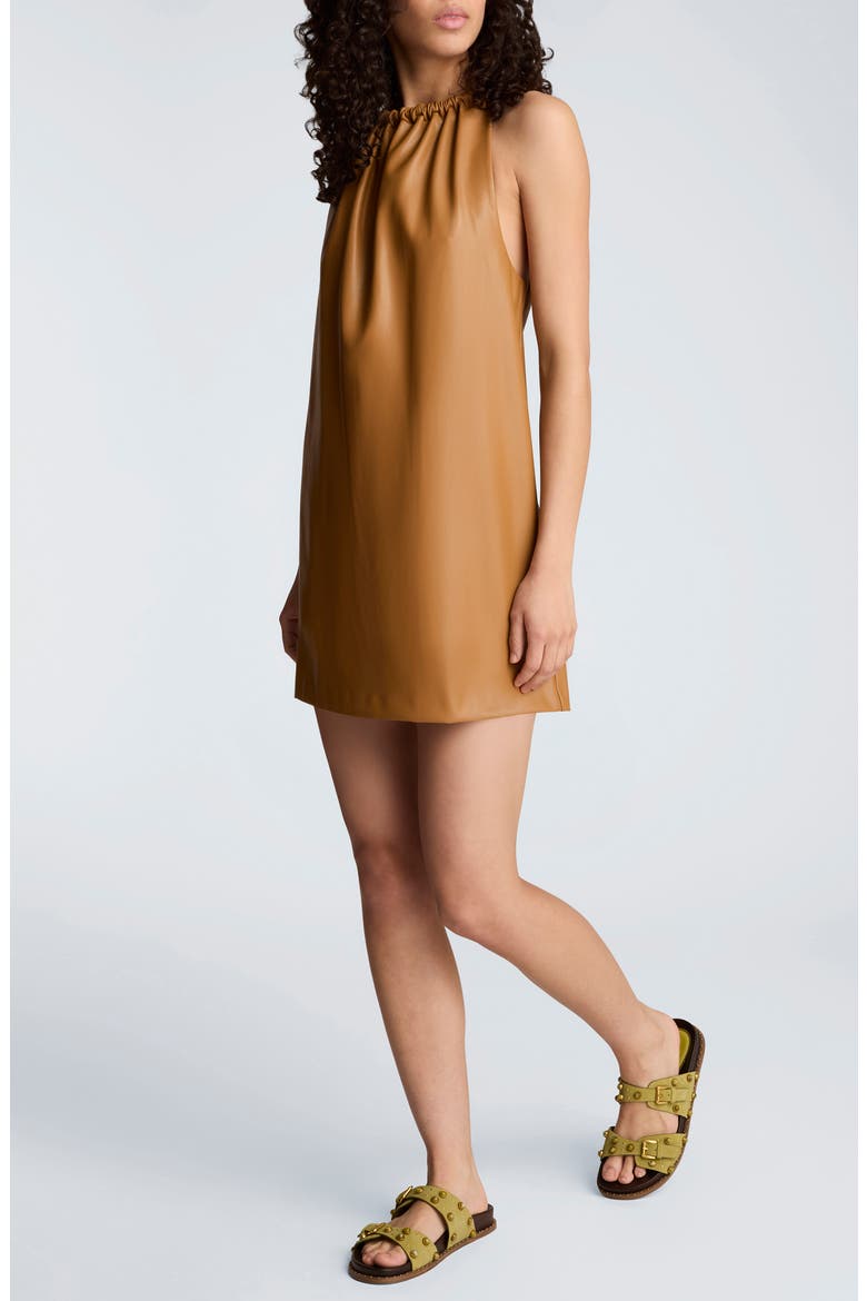 Faux Leather Halter Minidress, Alternate, color, SOFT COCOA