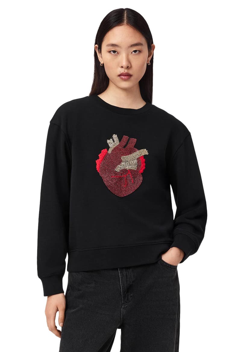 Andrea Pippa Embellished Beaded Heart Sweatshirt, Alternate, color, BLACK