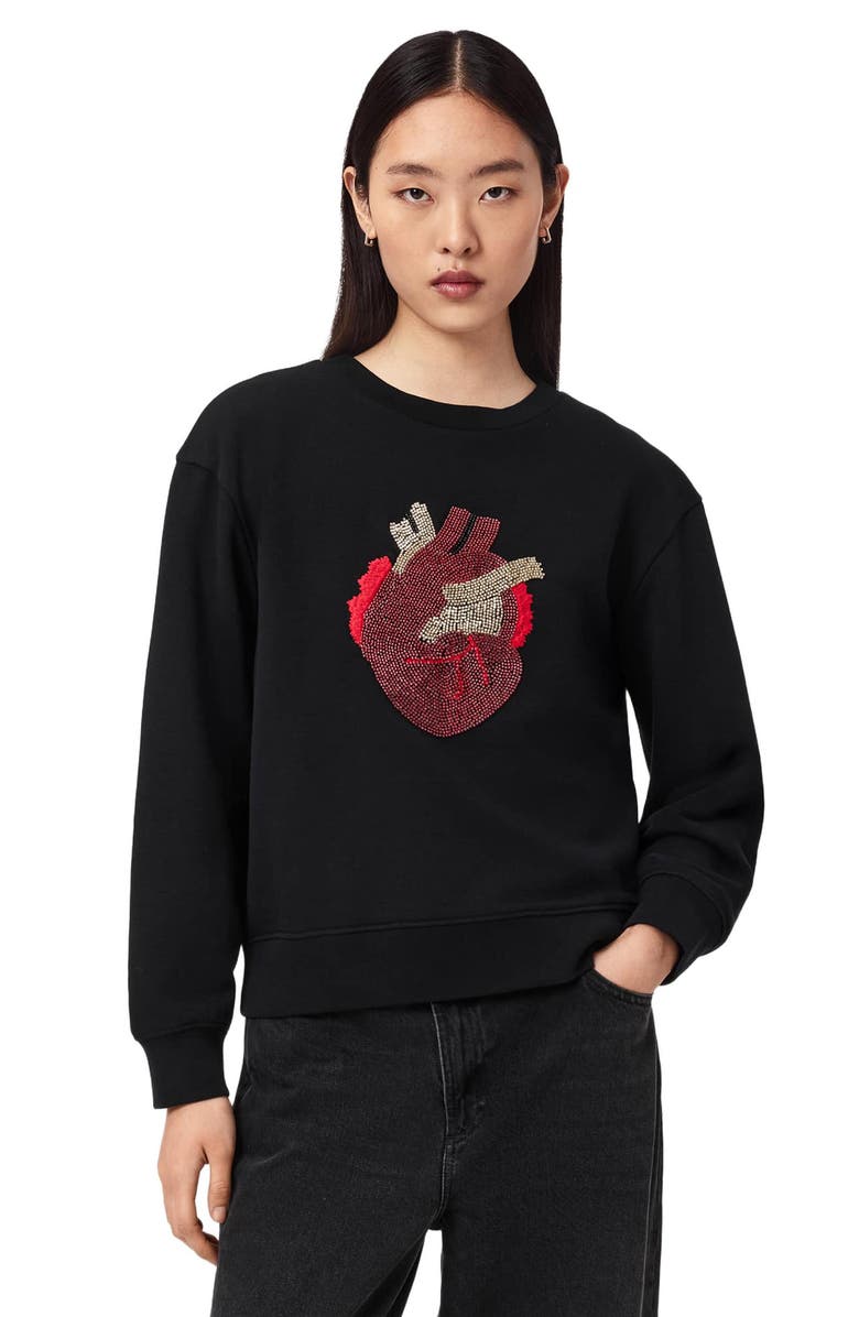 AllSaints Andrea Pippa Embellished Beaded Heart Sweatshirt, Alternate, color, Black