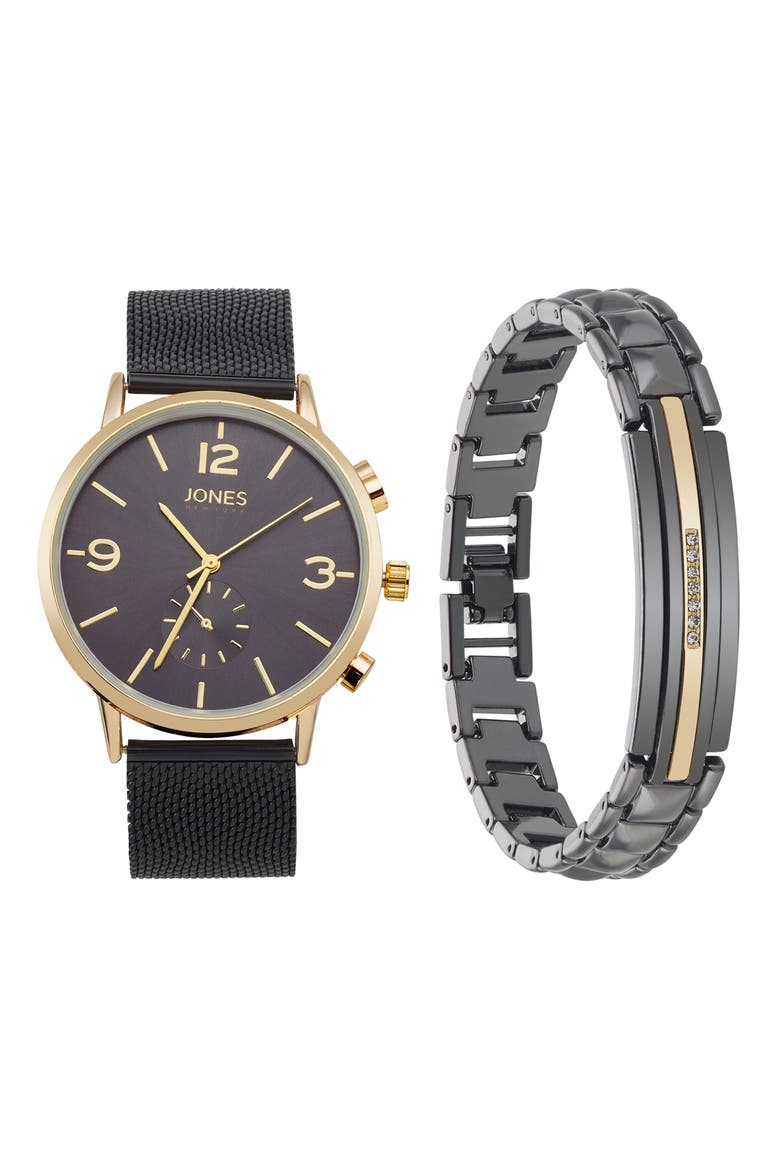 Three-Hand Quartz Mesh Strap Watch & ID Bracelet Set, Main, color, BLACK