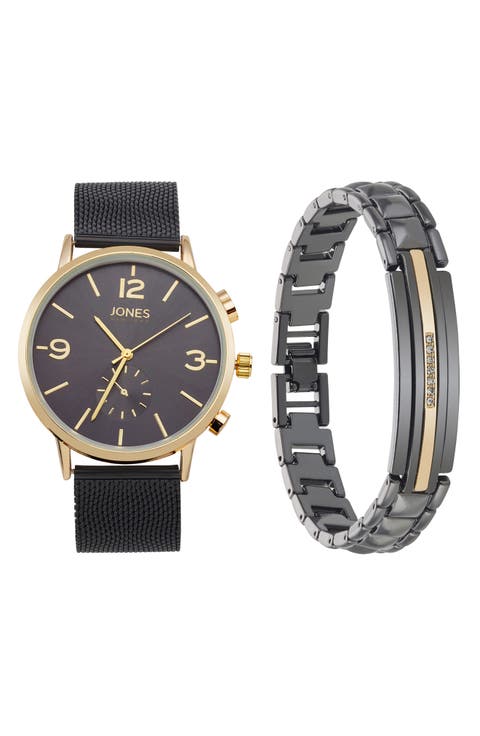 Three-Hand Quartz Mesh Strap Watch & ID Bracelet Set