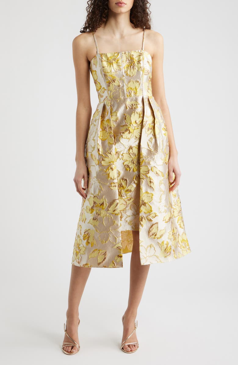 Eliza J Metallic Floral Brocade Cocktail Dress, Main, color, Yellow