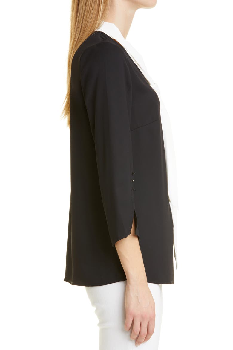 Contrast Tie V-Neck Crepe de Chine Blouse, Alternate, color, BLACK/ WHITE