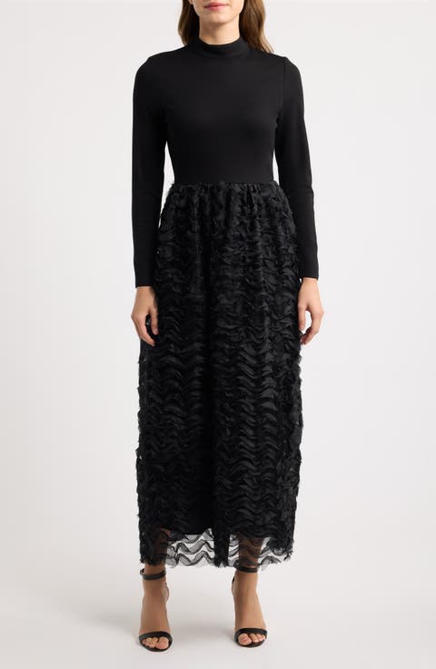 Mock Neck Ruffle Fit & Flare Midi Dress