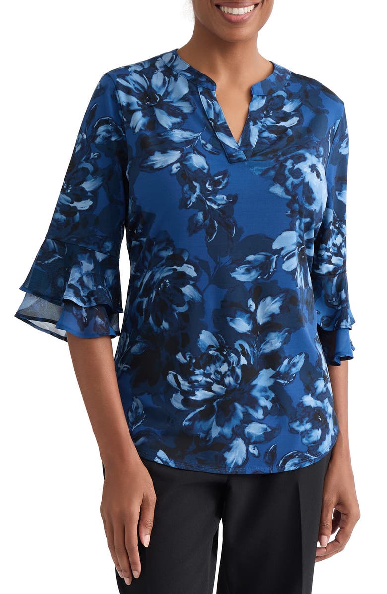 KASPER Floral Print Top, Main, color, Blue Night Multi