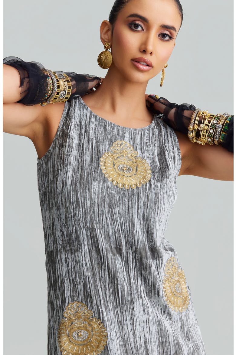 Syra Metallic Embroidery Crushed Velvet Maxi Dress, Alternate, color, GRAY