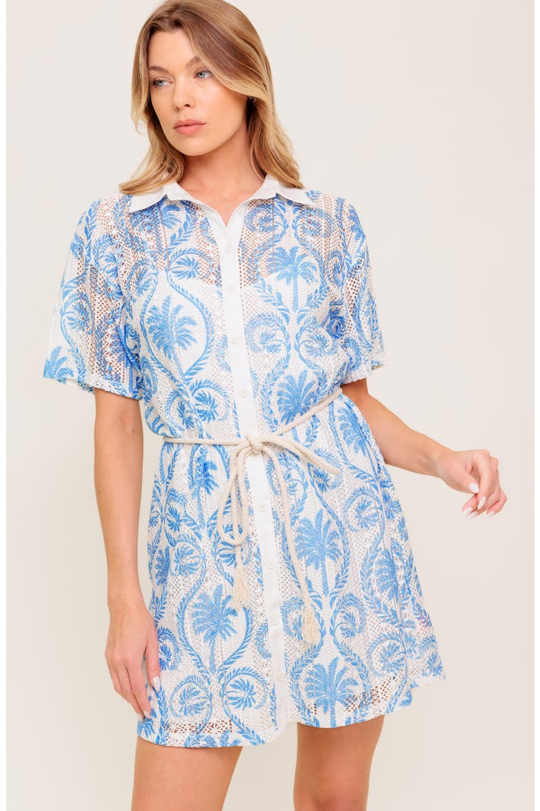 Palm Print Short Sleeve Lace Shirtdress, Alternate, color, IVORY BLUE