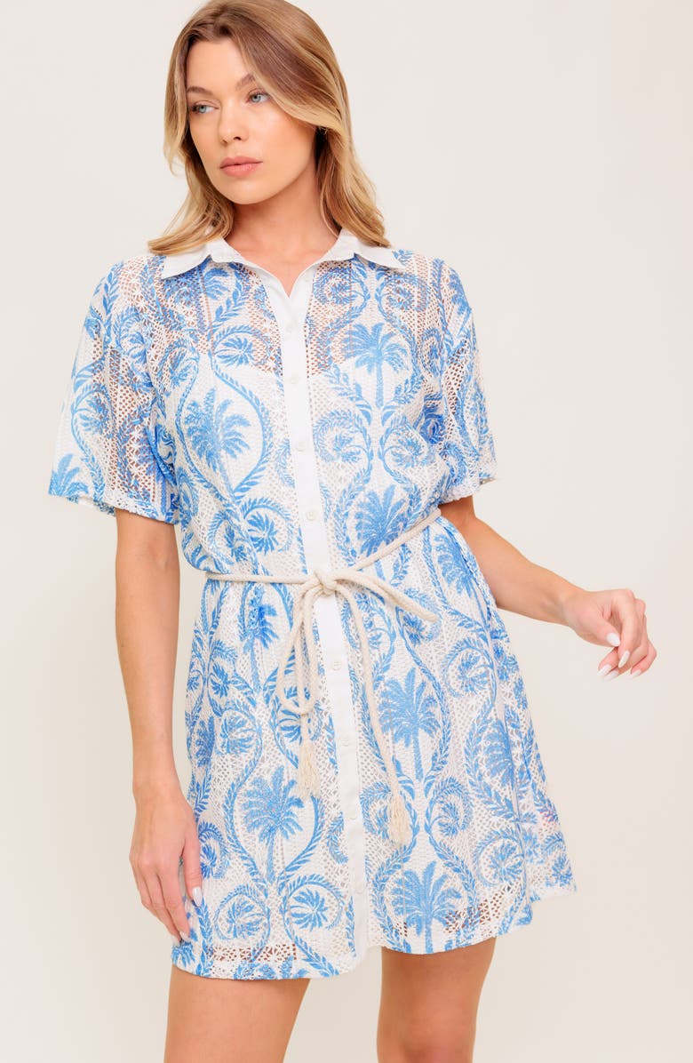 FLYING TOMATO Palm Print Short Sleeve Lace Shirtdress, Alternate, color, Ivory Blue
