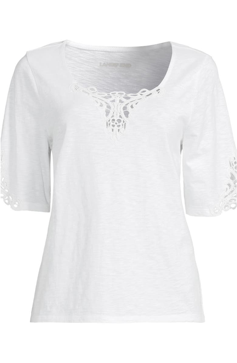 Lands' End Elbow Sleeve Slub Lace Trim T-Shirt, Alternate, color, 