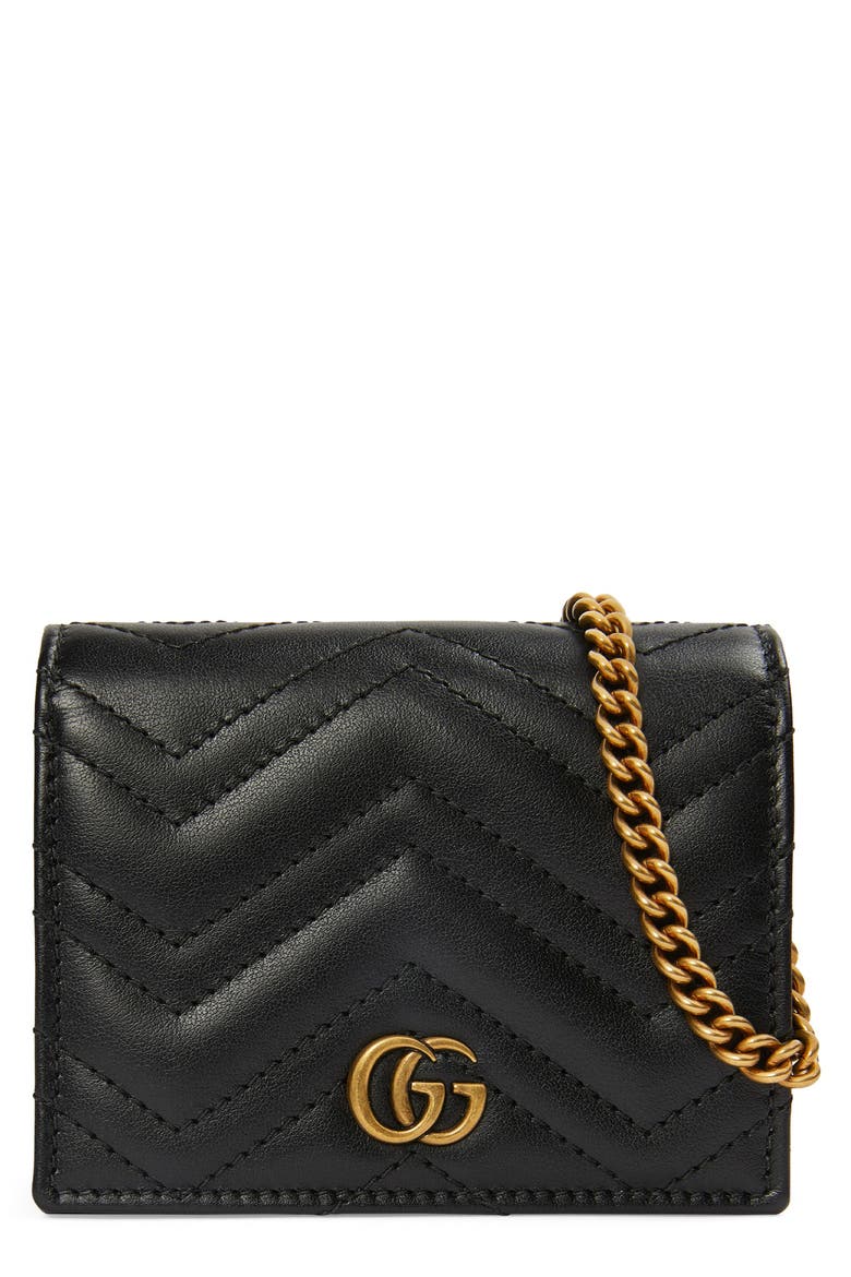 GG 2.0 Matelassé Leather Card Case on a Chain, Main, color, NERO
