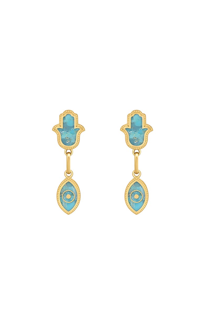 Karma and Luck Peaceful Mindset Turquoise Evil Eye Hamsa Gold Earrings, Main, color, 