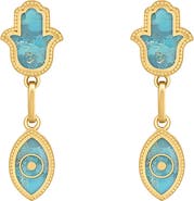 Karma and Luck Peaceful Mindset Turquoise Evil Eye Hamsa Gold Earrings