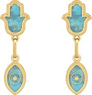 Karma and Luck Peaceful Mindset Turquoise Evil Eye Hamsa Gold Earrings