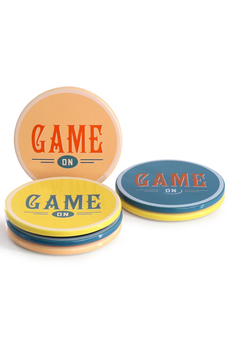 Game On 6 Piece Stoneware Coaster Set in Assorted, Alternate, color, Blue