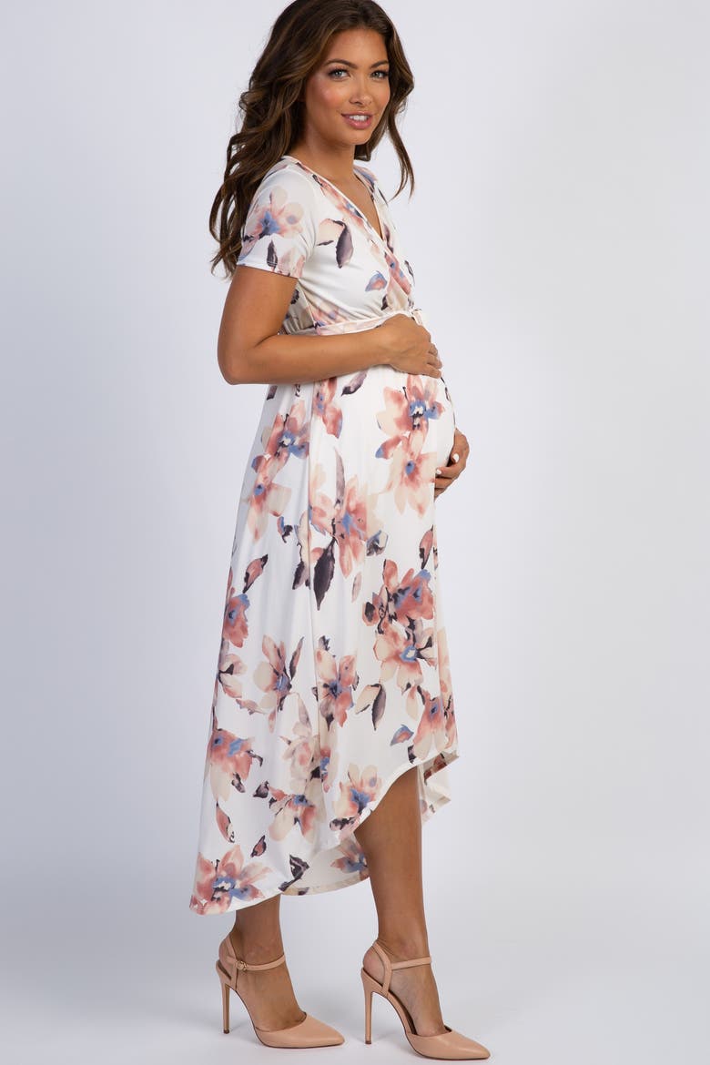 Floral Hi-Low Maternity Wrap Dress, Alternate, color, Ivory