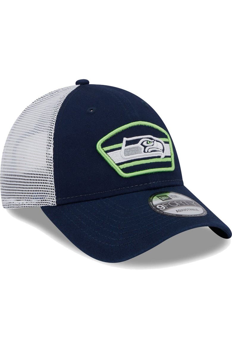 Men's New Era College Navy/White Seattle Seahawks Logo Patch Trucker 9FORTY Snapback Hat, Alternate, color, Navy